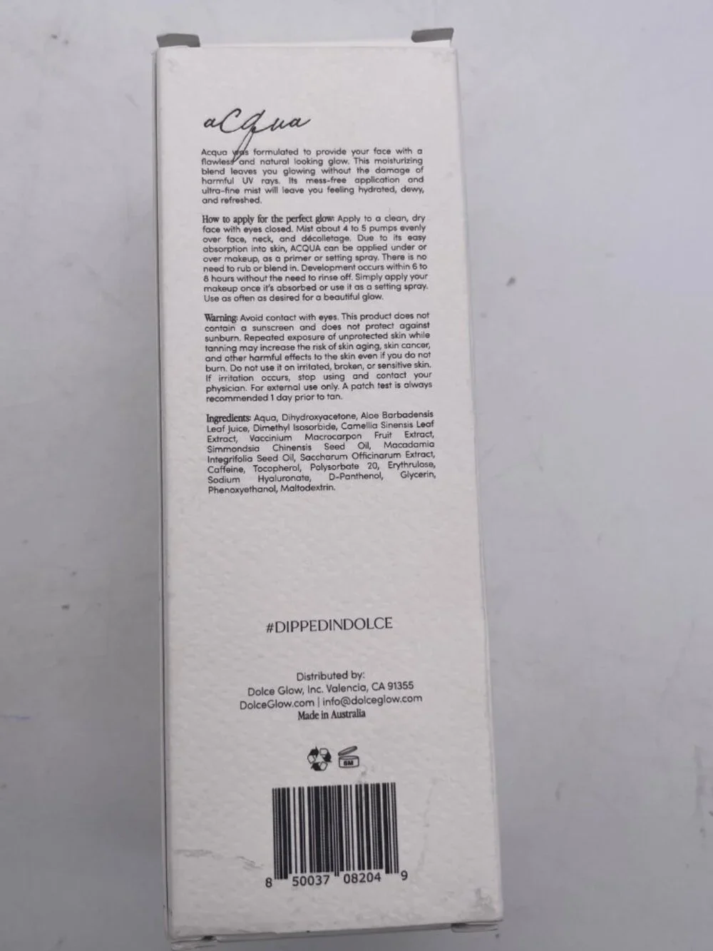 DOLCE GLOW Acqua Hydrating Face Mist Self Tanning Water 3.4 Fl. Oz New N